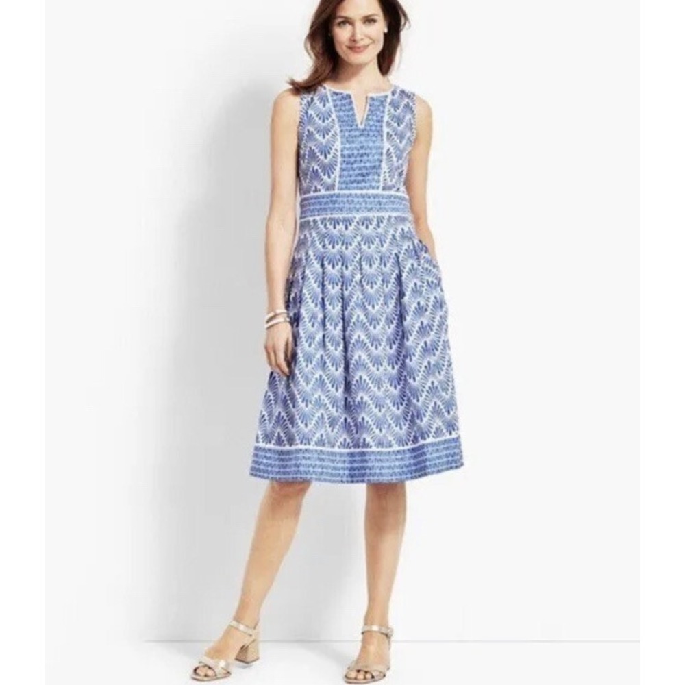 Talbots Blue White Batik Fit and Flare Sleeveless Cotton Dress Pockets 6P